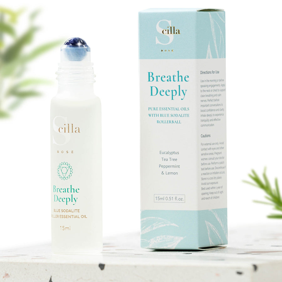 Breathe Deeply – Throat Chakra Crystal Essential Oil Rollerball | Aromatherapy for Clarity, Calm & Clear Communication Aromatherapy Scilla Rose 