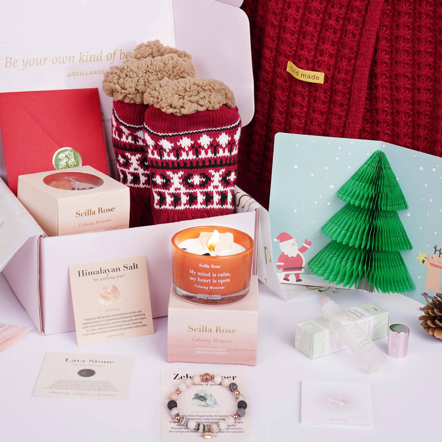 Christmas Cozy Care Gift Bundle - Warm Scarf, Socks, Crystal Candle, Bracelet & Rollerball Oil | 2024 Perfect Christmas Stocking Fillers & Self-Care Gifts pamper gifts Scilla Rose 