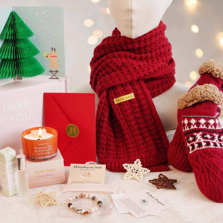 Christmas Cozy Care Gift Bundle - Warm Scarf, Socks, Crystal Candle, Bracelet & Rollerball Oil | 2024 Perfect Christmas Stocking Fillers & Self-Care Gifts pamper gifts Scilla Rose 