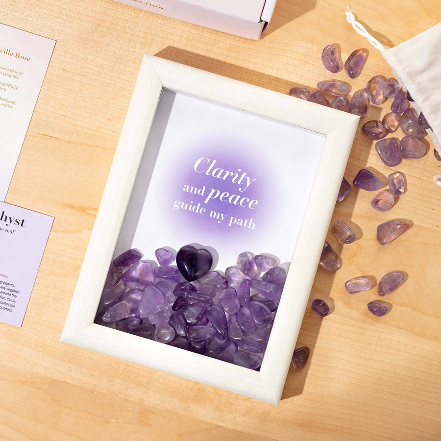 Framed Crystal Grid with Amethyst – Affirmation Décor for Clarity, Peace & Positive Energy - Gift Boxed Framed Crystal Grid Scilla Rose 