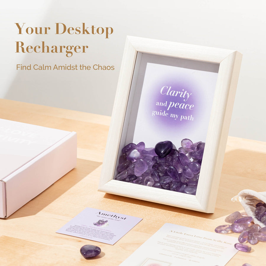 Framed Crystal Grid with Amethyst – Affirmation Décor for Clarity, Peace & Positive Energy - Gift Boxed Framed Crystal Grid Scilla Rose 