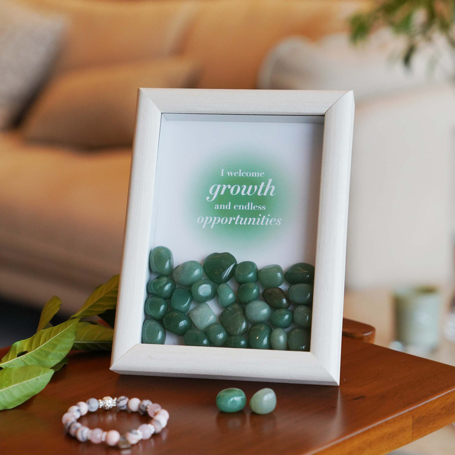 Framed Crystal Grid with Green Jade - Affirmation Décor for Positive Growth & Endless Opportunities - Gift Boxed Framed Crystal Grid Scilla Rose 