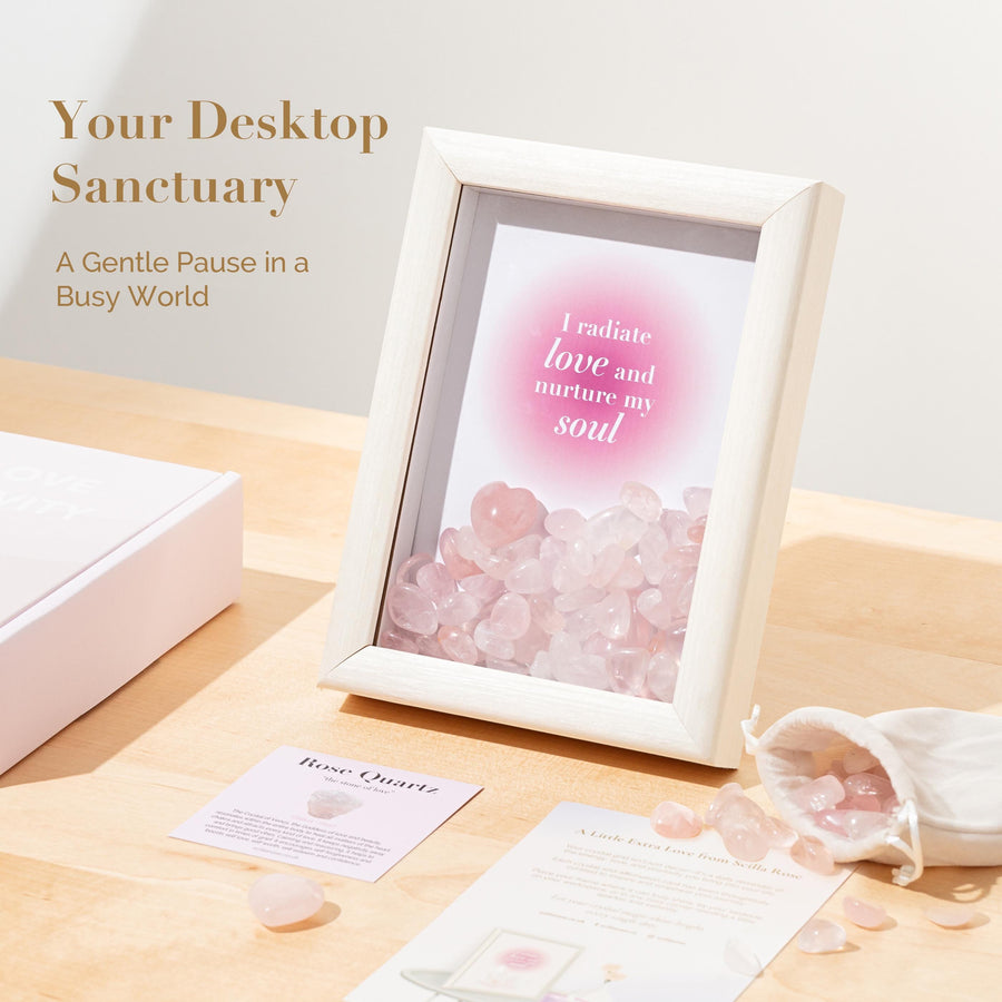 Framed Crystal Grid with Rose Quartz - Affirmation Décor for Love, Self-Care & Inner Peace - Gift Boxed Framed Crystal Grid Scilla Rose 