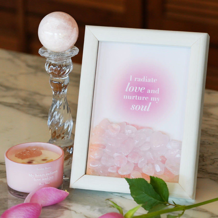 Framed Crystal Grid with Rose Quartz - Affirmation Décor for Love, Self-Care & Inner Peace - Gift Boxed Framed Crystal Grid Scilla Rose 