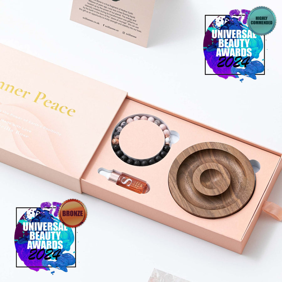 Inner Peace Gift Set for Women, Anxiety Bracelet, Essential Oil Diffuser with Black Walnut Wooden Plate Aromatherapy Scilla Rose 