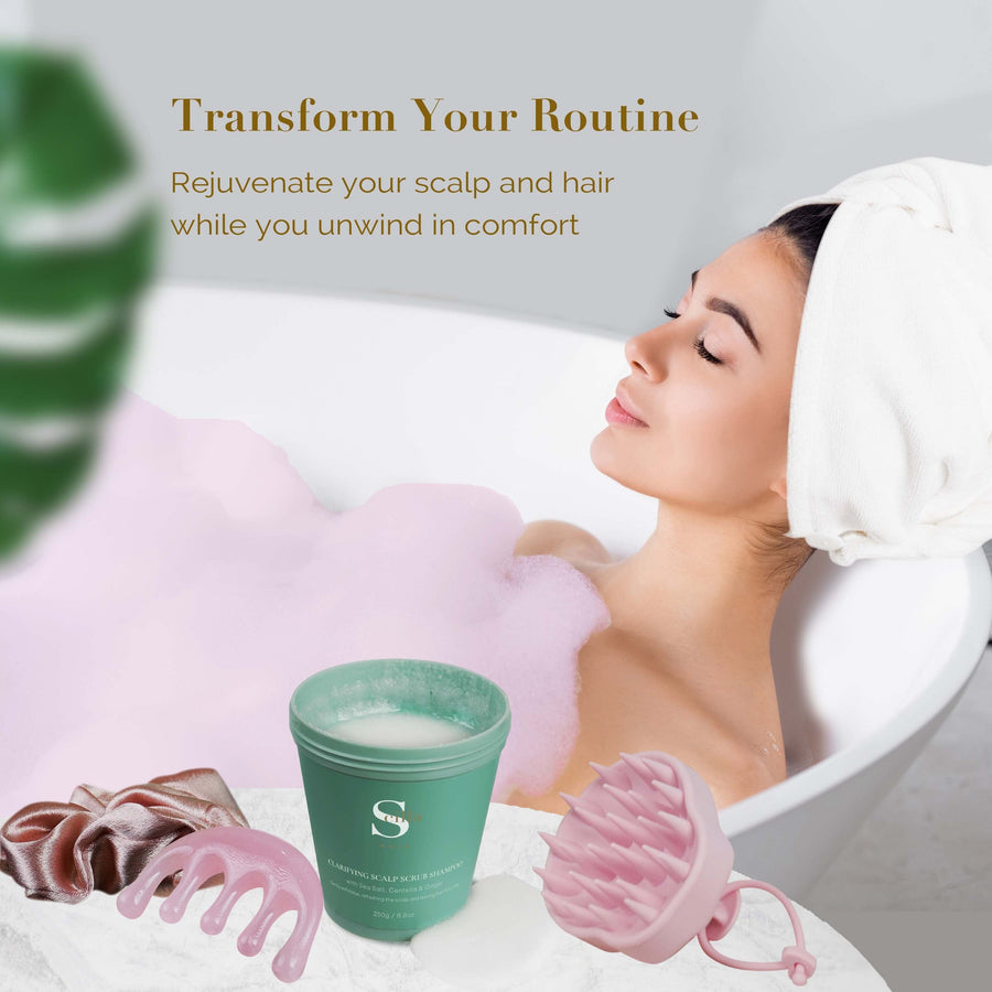 Revitalising Hair Care Sets | Exfoliating Shampoo Scrub, Scalp Massager, Quick-Dry Towel Wrap | Perfect Christmas Gift Sets Revitalising Hair Gift Hamper Scilla Rose 