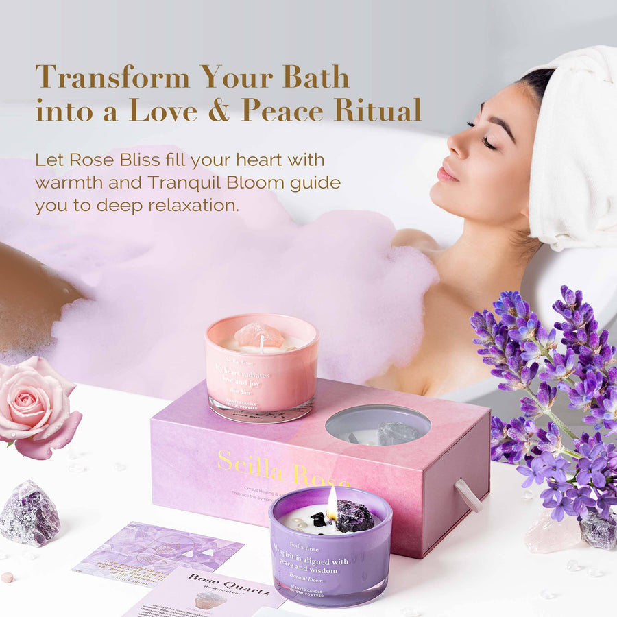 Rose Quartz & Amethyst Crystal Candle Set – Rose Bliss & Tranquil Bloom for Love, Peace, and Restful Sleep scented candles Scilla Rose 