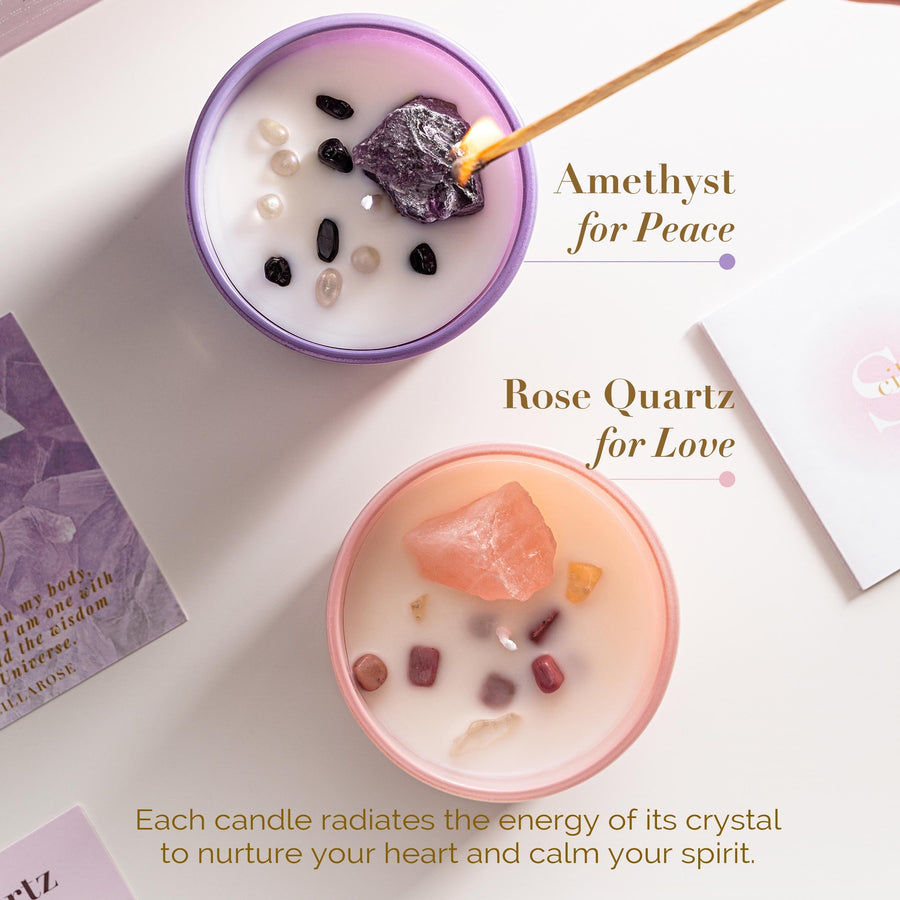 Rose Quartz & Amethyst Crystal Candle Set – Rose Bliss & Tranquil Bloom for Love, Peace, and Restful Sleep scented candles Scilla Rose 