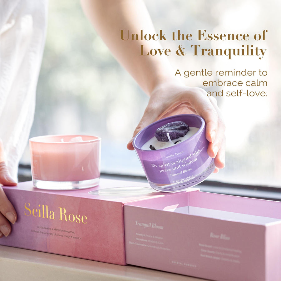 Rose Quartz & Amethyst Crystal Candle Set – Rose Bliss & Tranquil Bloom for Love, Peace, and Restful Sleep scented candles Scilla Rose 