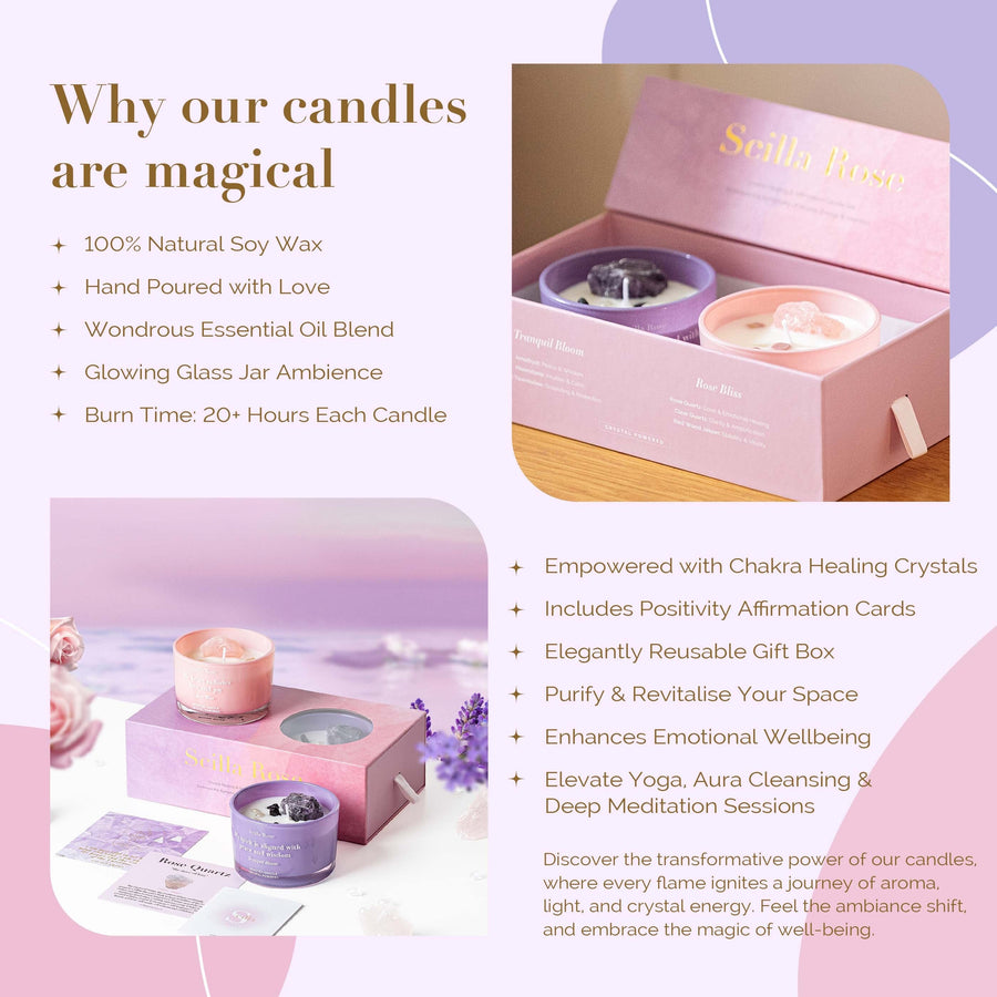 Rose Quartz & Amethyst Crystal Candle Set – Rose Bliss & Tranquil Bloom for Love, Peace, and Restful Sleep scented candles Scilla Rose 