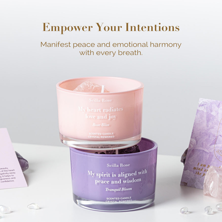 Rose Quartz & Amethyst Crystal Candle Set – Rose Bliss & Tranquil Bloom for Love, Peace, and Restful Sleep scented candles Scilla Rose 